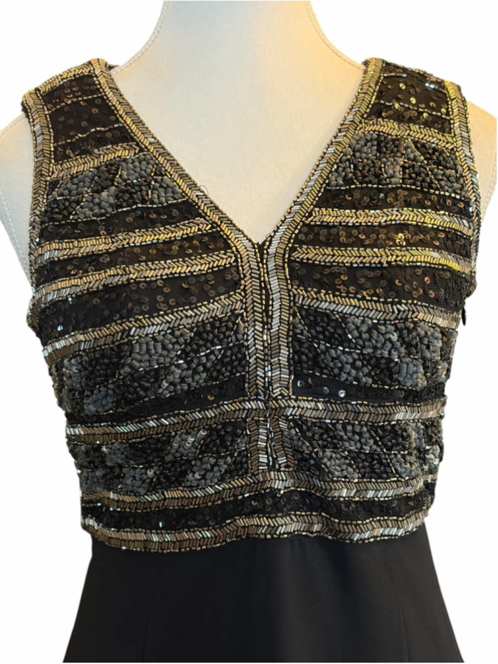 Adrianna Papell Black Gold Beaded Sequin Open Back Evening Gown Size 8 - Picture 6 of 9